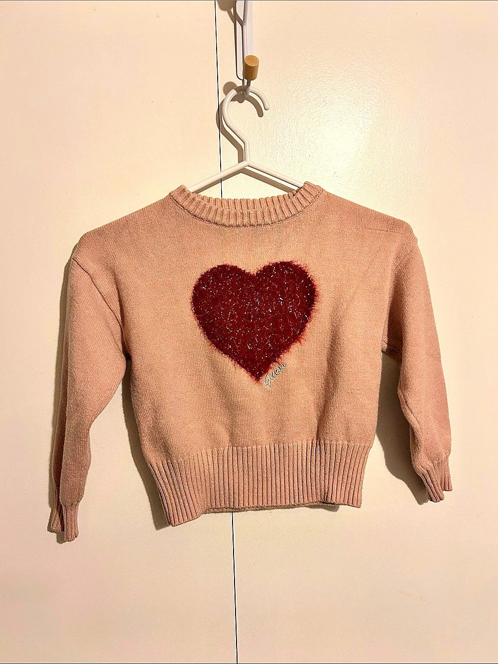GUESS Girls Pink Glitter Heart Sweater Size 7